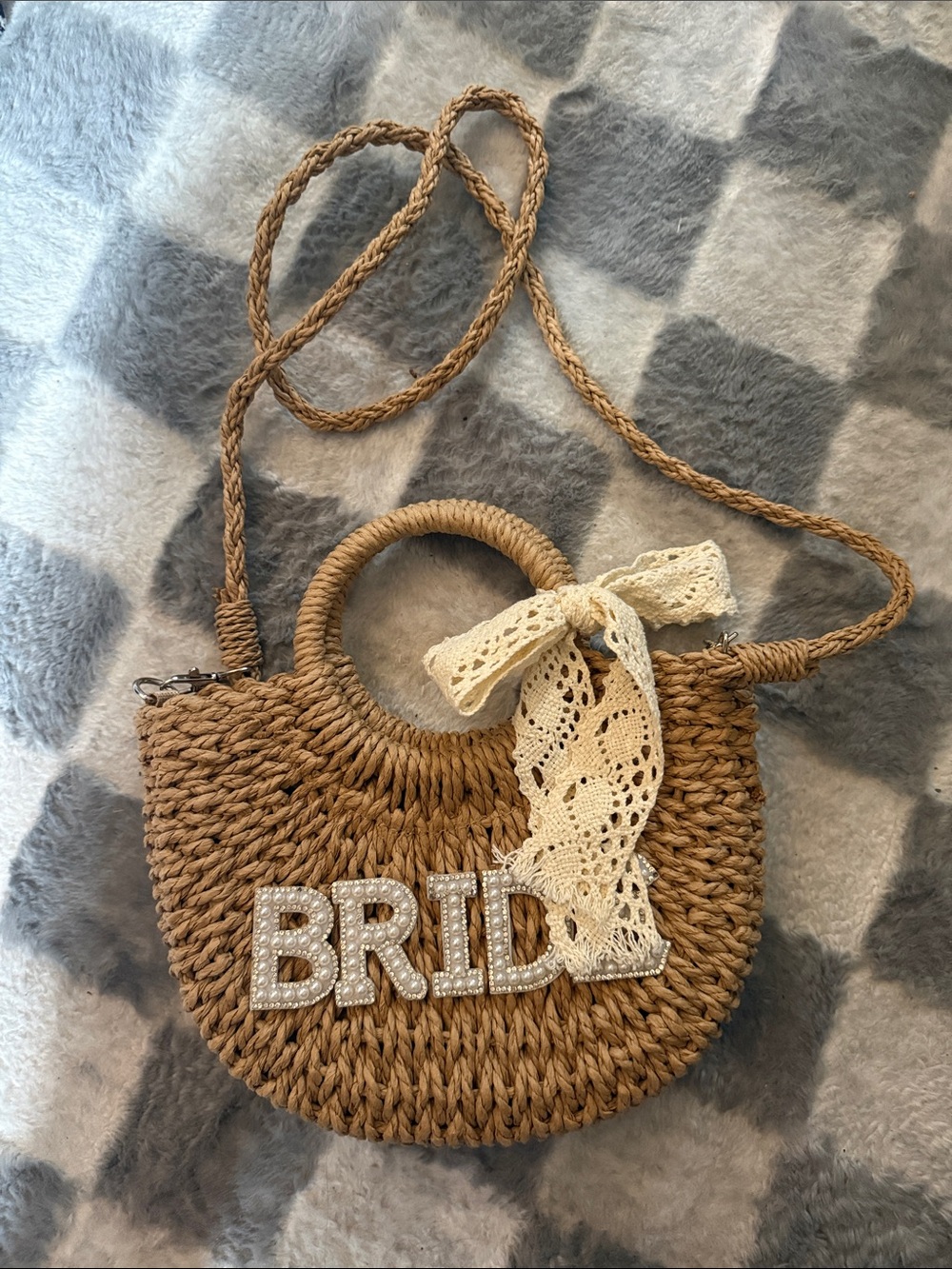 Woven Bride Straw Crossbody Bag with Lace Bow